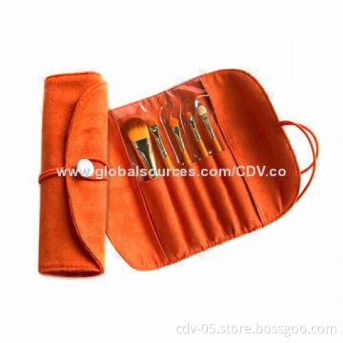 5-piece gift brush set with wooden handle and genuine leather pouch
